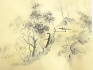 アンティーク　塩瀬　手描き　田舎風景模様名古屋帯